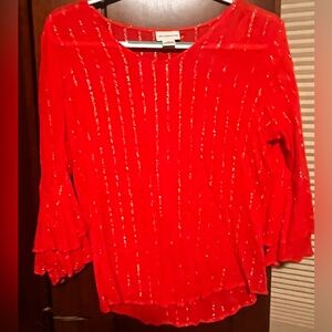 Liz Claiborne Red/Orange Blouse Textured Metallic Stripes & Ruffle Bell Sleeves